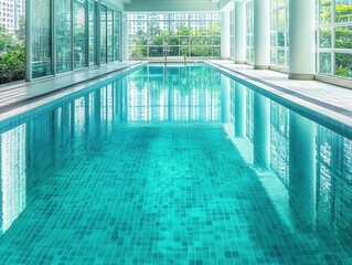 Obraz premium Sleek modern interior featuring a pool in a residential complex with eco-friendly design elements, blending luxury and sustainability.