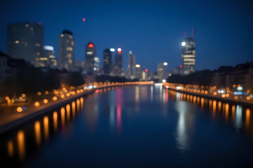 Blurred images of riverside cities at night