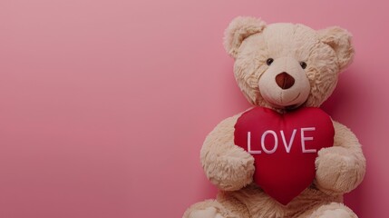 Valentine's Day theme. Women's Day. Happy Mothers day. Romance. Love heart. Cute Teddy bears holding a red heart. Valentines and Teddy Bear. Valentines day concept with copy space