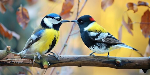 Obraz premium Autumn scene with two vibrant birds on branches.