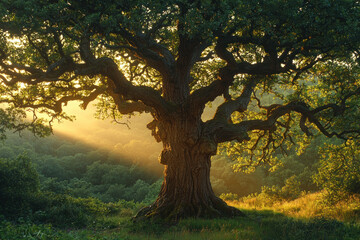 Fototapeta premium Majestic oak tree at sunrise.