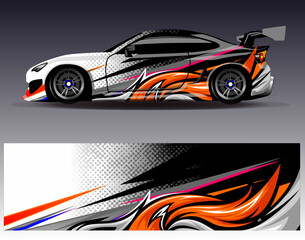 Obraz premium Car wrap design vector. Graphic abstract stripe racing background designs for vehicle, rally, race, adventure and car racing livery