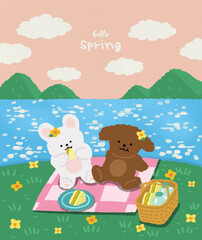 Spring illustration with a river landscape with a puppy and a rabbit picnicking