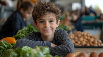 Fototapeta premium A cheerful boy smiles among fresh vegetables at a market, showcasing healthy food choices.
