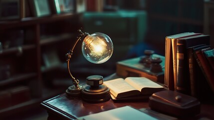 Vintage Desk Lamp Illuminating Old Books