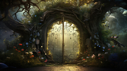 Naklejka premium Enchanted Forest Gate - A Whimsical Nature Escape