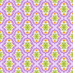 Purple pink flower frame, bright orange flowers, leaves, endless frames, seamless