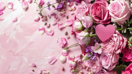 Pink rose bouquet with heart shaped cutouts, ideal for Valentine's Day or romantic gifts. Soft pink petals and green foliage.