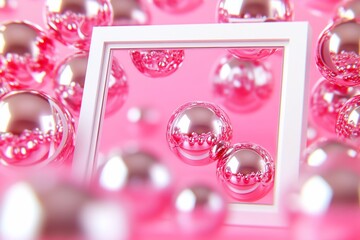 Fototapeta premium Abstract, 3D, pink, spheres, frame, white, background, 