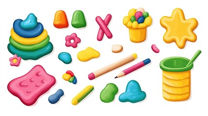 Naklejka premium White background schoolbook sticker set featuring modeling clay , designed for educational purposes with colorful, playful illustrations of shapes and figures.