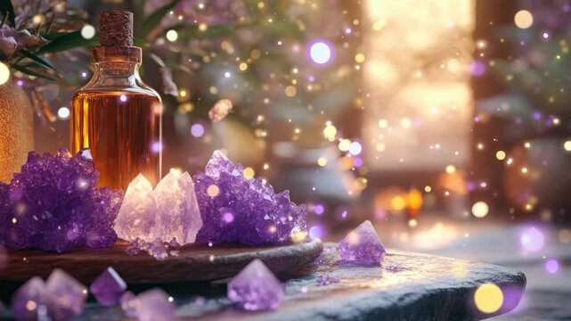 Purple crystals and essential oil surrounded by soft bokeh lights create serene atmosphere, inviting relaxation, wellness, tranquility, and harmony in every moment.