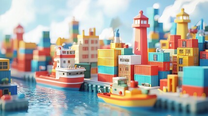 Obraz premium Colorful Harbor with Shipping Containers and Boats