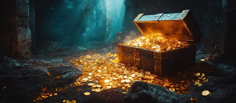 Open treasure chest, gold coins spilling out in dark cave.
