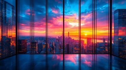 Fototapeta premium Vivid Cityscape Sunset Viewed From Modern Skyscraper
