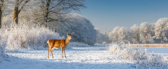 A deer stands in a snowy winter landscape.
