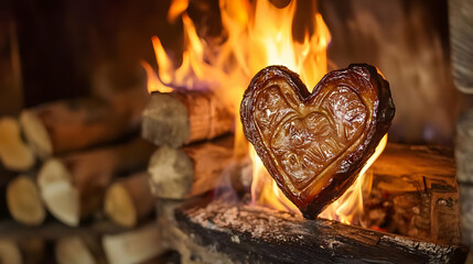 firewood in the fireplace background in concept of valentine day 14th February 2025 with gift rose flower love heart romance and romantic in pink and red