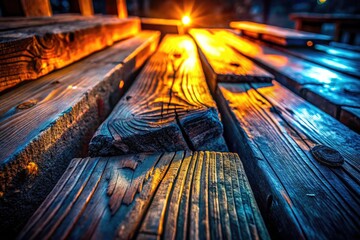 Rustic nighttime scene: dark wood planks, low light photography reveals rich grain and texture, perfect background.