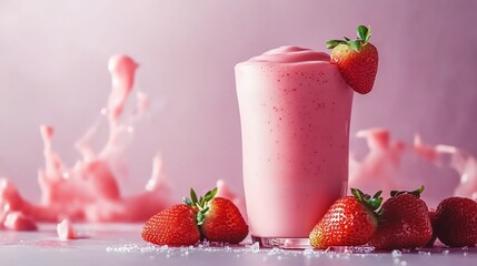 A pink smoothie with strawberries on the side, placed against a pastel background. 
