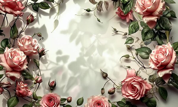 Pink roses with green leaves arranged in a circle on a light background with shadows.