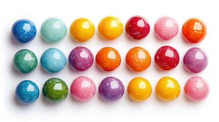  Colorful candy-like balls isolated on a white background, top view.