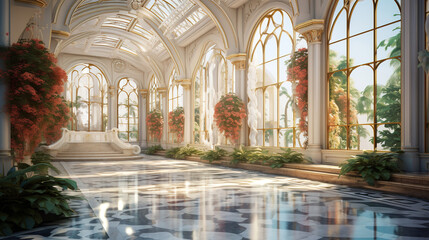 Enchanted Palace Hallway - A Sunlit Architectural Masterpiece
