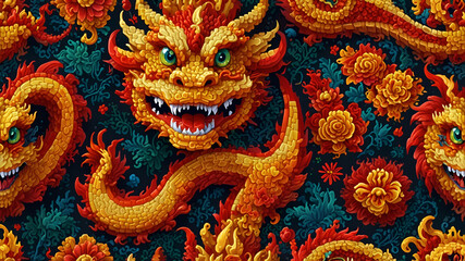 Obraz premium Dragons With Vibrant Scales in Red, Orange, and Yellow Surrounded by Blue and Yellow Floral Elements on a Dark Background