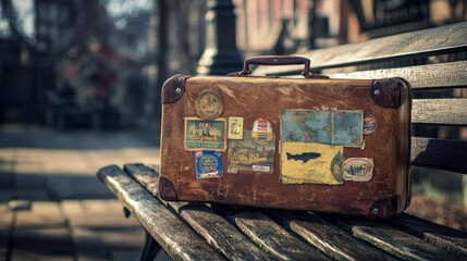 A vintage suitcase adorned with travel stickers resting on a park bench.