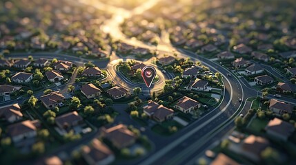 Aerial View of Suburban Neighborhood with Location Marker