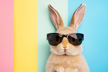 Rabbit wearing sunglasses and standing in front of a colorful background