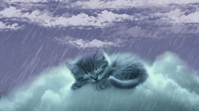 Seamless looping 4k time-lapse animation video background. Kitten sleeping on fluffy cloud during gentle rainfall
