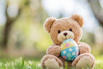 Obraz premium Teddy bear is sitting on the grass holding an egg
