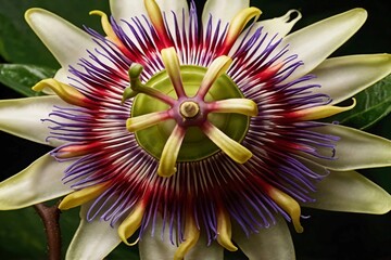 Flowers are bright red with elongated petals and a complex central structure. The flower is surrounded by lush green foliage and intertwined with thin, brownish stems. 