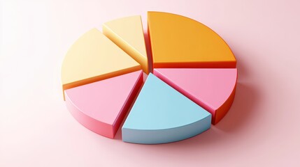 Obraz premium Colorful pie chart, pastel colors, cyan blue, yellow, pink, red segments, 3D rendering, smooth texture, soft lighting, minimalist design, business analytics concept, data visualization, clean backgrou
