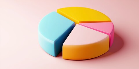 Obraz premium Colorful pie chart, pastel colors, cyan blue, yellow, pink, red segments, 3D rendering, smooth texture, soft lighting, minimalist design, business analytics concept, data visualization, clean backgrou