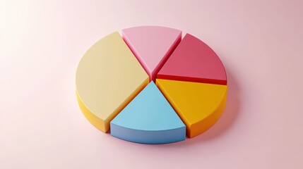Fototapeta premium Colorful pie chart, pastel colors, cyan blue, yellow, pink, red segments, 3D rendering, smooth texture, soft lighting, minimalist design, business analytics concept, data visualization, clean backgrou