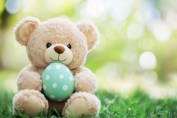 Fototapeta premium Teddy bear is sitting on the grass holding an egg