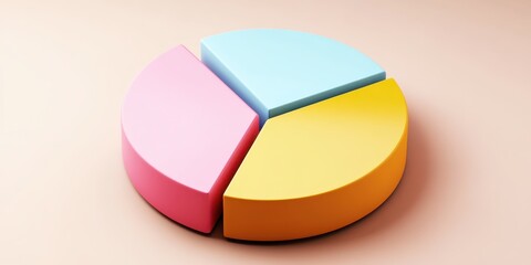 Obraz premium Colorful pie chart, pastel colors, cyan blue, yellow, pink, red segments, 3D rendering, smooth texture, soft lighting, minimalist design, business analytics concept, data visualization, clean backgrou