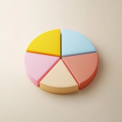 Fototapeta premium Colorful pie chart, pastel colors, cyan blue, yellow, pink, red segments, 3D rendering, smooth texture, soft lighting, minimalist design, business analytics concept, data visualization, clean backgrou