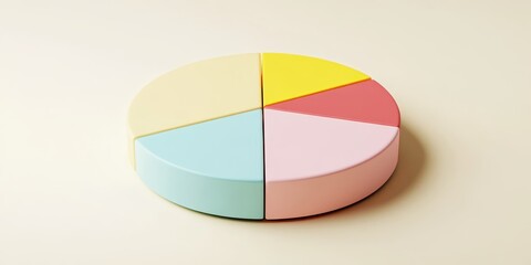 Fototapeta premium Colorful pie chart, pastel colors, cyan blue, yellow, pink, red segments, 3D rendering, smooth texture, soft lighting, minimalist design, business analytics concept, data visualization, clean backgrou