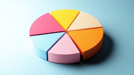 Fototapeta premium Colorful pie chart, pastel colors, cyan blue, yellow, pink, red segments, 3D rendering, smooth texture, soft lighting, minimalist design, business analytics concept, data visualization, clean backgrou