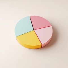 Fototapeta premium Colorful pie chart, pastel colors, cyan blue, yellow, pink, red segments, 3D rendering, smooth texture, soft lighting, minimalist design, business analytics concept, data visualization, clean backgrou