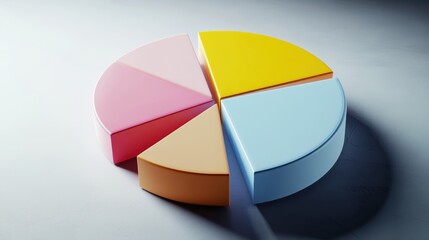 Obraz premium Colorful pie chart, pastel colors, cyan blue, yellow, pink, red segments, 3D rendering, smooth texture, soft lighting, minimalist design, business analytics concept, data visualization, clean backgrou