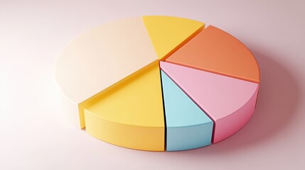 Obraz premium Colorful pie chart, pastel colors, cyan blue, yellow, pink, red segments, 3D rendering, smooth texture, soft lighting, minimalist design, business analytics concept, data visualization, clean backgrou