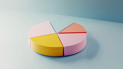 Obraz premium Colorful pie chart, pastel colors, cyan blue, yellow, pink, red segments, 3D rendering, smooth texture, soft lighting, minimalist design, business analytics concept, data visualization, clean backgrou