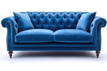 Fototapeta premium A luxurious blue velvet sofa with tufted design and two decorative pillows.