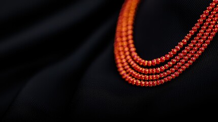 Elegant Red Beaded Necklace on Black Fabric Background with Soft Focus and Reflections of Light