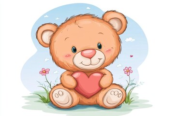 Obraz premium Teddy bear is sitting in a field with a heart in its mouth
