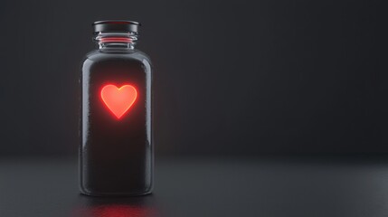 A stylish glass bottle with a glowing heart symbol, representing love and emotions against a dark background.