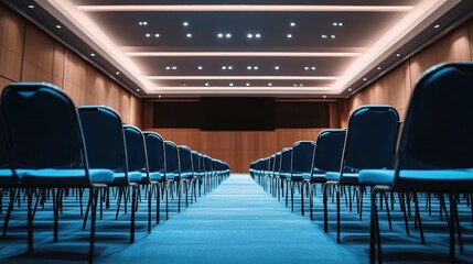 Obraz premium Large conference hall, rows of blue chairs, symmetrical perspective, dramatic lighting, ceiling spotlights, patterned blue carpet, empty auditorium, wide-angle view, corporate event space, geometric p