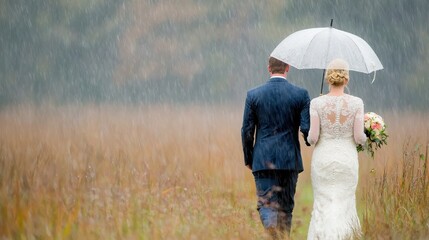Romantic couple walking in the rain under an umbrella in a serene field during a wedding ceremony